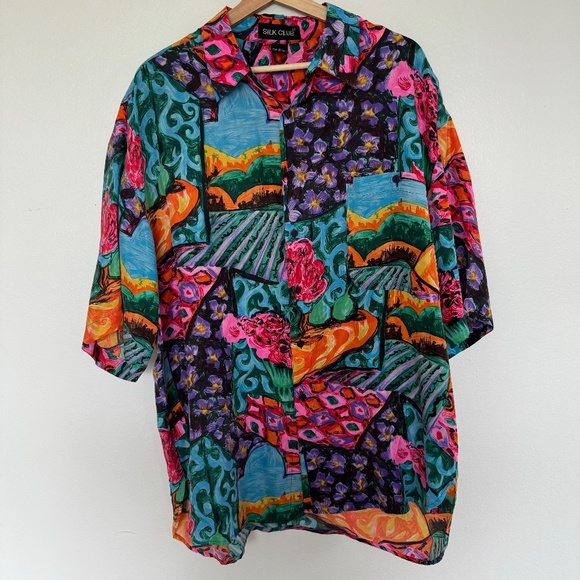 silk club Other - Vintage Silk Club Shirt Mens Large Colorful Floral Landscape Art AOP Button Up